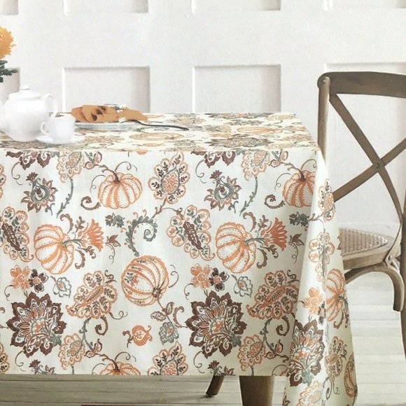 Envogue Pumpkin Jacobean Tablecloth 60x102 Cotton Orange Brown Fall Thanksgiving - Picture 1 of 7
